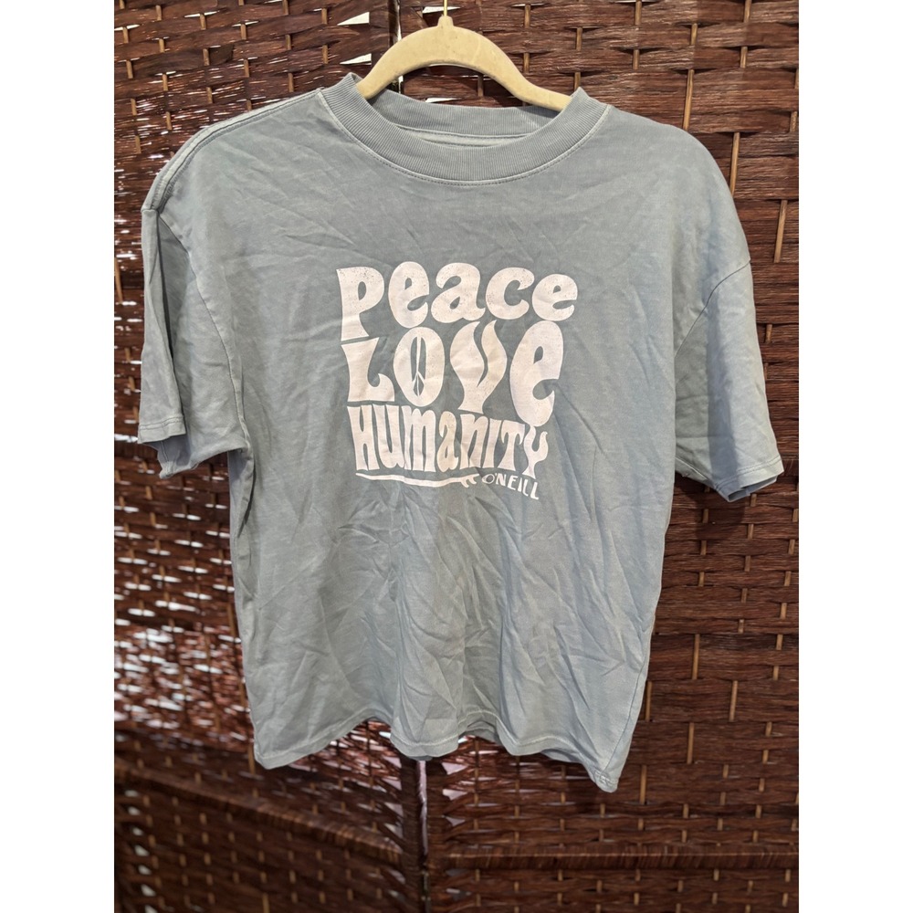 O'Neill Peace Love Humanity Graphic T-Shirt Women's Size S Light‎ Blue